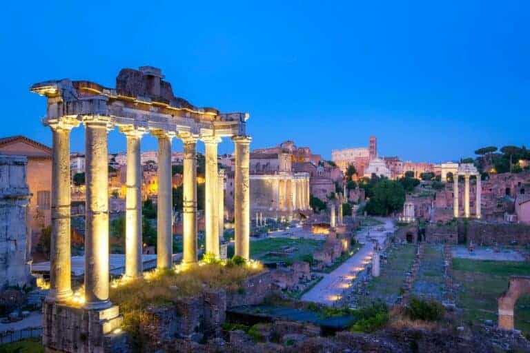 Forum Romanum archeological site in Rome after sunset